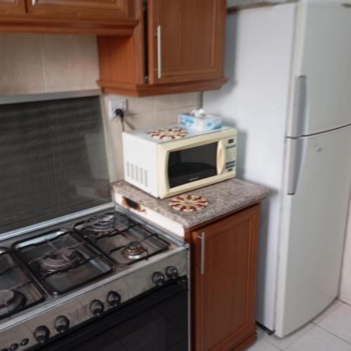 un forno a microonde appoggiato sopra un bancone della cucina di Apartment 5 area ad Aqaba