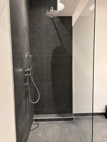 a bathroom with a shower with a glass door at Appartement 2 chambres Rochefort in Rochefort