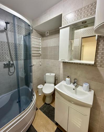 a bathroom with a toilet and a sink and a shower at Апартаменти Пасаж in Skhidnitsa