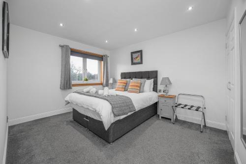 a white bedroom with a bed and a chair at Leys Park Executive Apartments in Dunfermline