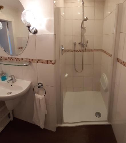 a bathroom with a shower and a sink at Exklusive Ferienwohnung Strohberg in Plön