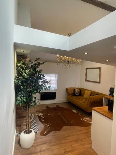 a living room with a couch and a plant at Rooftop One-Bedroom Apartment Near East Midlands Airport in Castle Donington