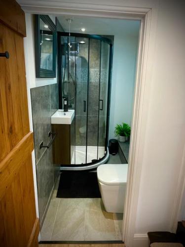 a bathroom with a shower and a toilet and a sink at Rooftop One-Bedroom Apartment Near East Midlands Airport in Castle Donington