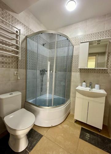 a bathroom with a shower and a toilet and a sink at Апартаменти Пасаж 2 in Skhidnitsa