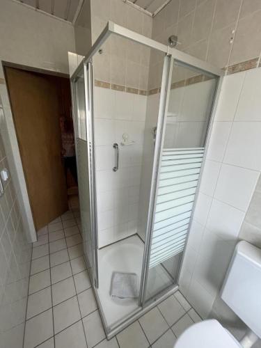 a shower with a glass door in a bathroom at Schicke Ferienwohnung Philippsburg in Philippsburg