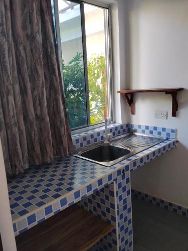a kitchen with a sink and a window at POLE-INN VILLA Nungwi Zanzibar in Nungwi