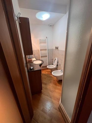 a bathroom with two toilets and a sink and a mirror at Luca Residence in Timişoara
