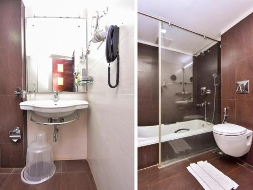 two pictures of a bathroom with a sink and a toilet at Hotel Sky Pearl in Kannur
