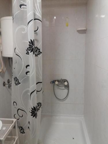 a bathroom with a shower with a shower curtain at Apartman M 5 in Novi Sad