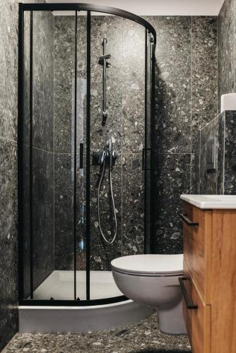 a bathroom with a shower with a toilet and a sink at Apartamenty Boutique 9 Sosnowiec in Sosnowiec