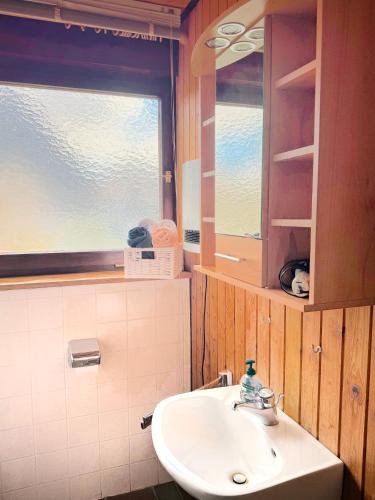 a bathroom with a sink and a mirror at Gästezimmer Ferienhaus Waldblick in Sonnenbühl