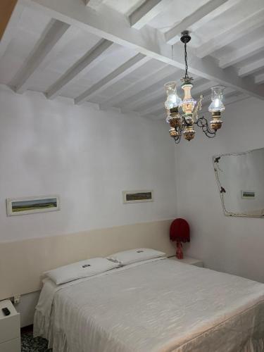 a white bedroom with a bed and a chandelier at Affittacamere Casa Delle Rose in Antria