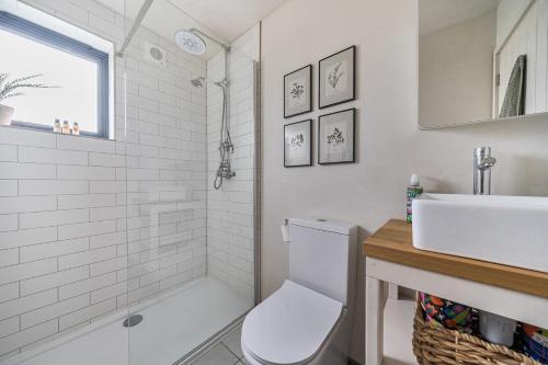 a bathroom with a toilet and a sink and a shower at Grove Cottage in Kington