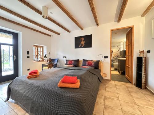 a bedroom with a large bed with red pillows at VizslaVilla in Poroszló