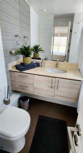 a bathroom with a sink and a toilet and a mirror at Gran espacio para descansar cerca de todo in Concón
