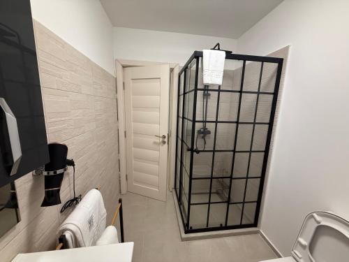 a bathroom with a shower and a mirror at IDDA Concept 3 in Târgu-Mureş