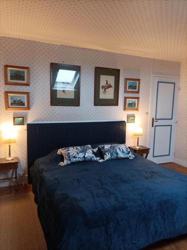 a bedroom with a blue bed with pictures on the wall at chez Zaza in Stigny