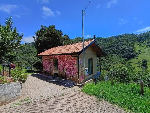 a small pink building with graffiti on it at Sonho na Serra Chalé 2 in Gonçalves