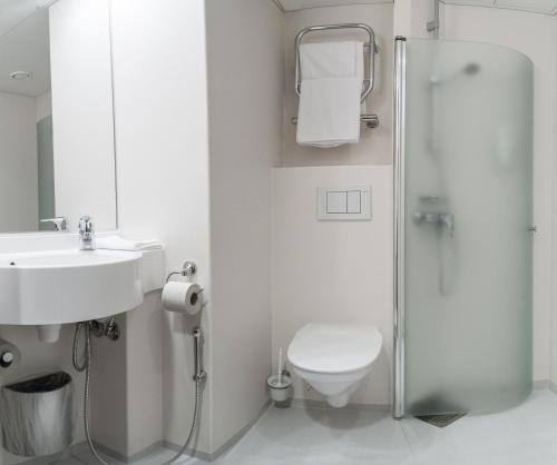 uma casa de banho com um WC, um lavatório e um chuveiro em GreenStar Hotel Joensuu em Joensuu