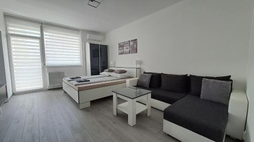 a living room with a couch and a table at Grey Harmony Apartman in Debrecen