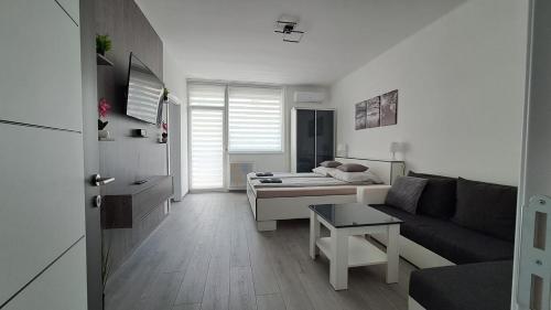a living room with a couch and a table at Grey Harmony Apartman in Debrecen
