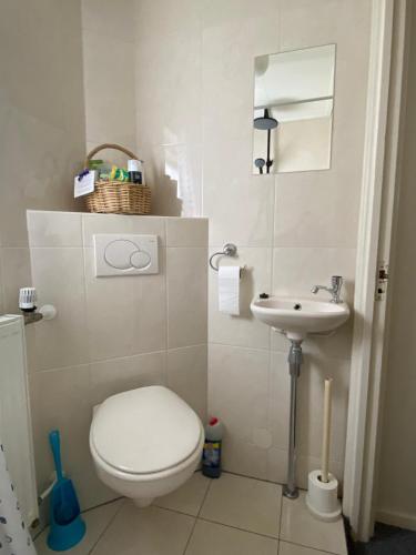 a bathroom with a toilet and a sink at Huis bij het water in uitstekend fiets-, vis- en vaargebied in Jutrijp