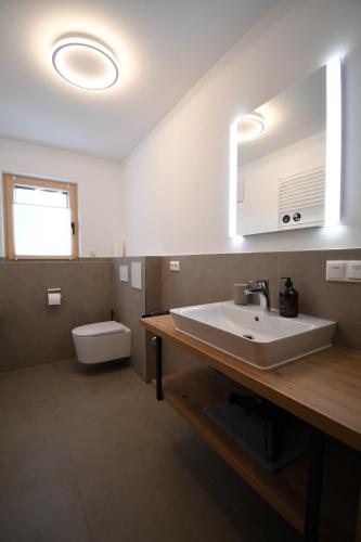 a bathroom with a sink and a toilet and a mirror at Alm Annerl - Neue Ferienwohnungen in Obermaiselstein in Obermaiselstein