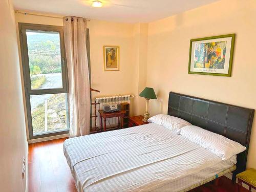 a bedroom with a bed and a large window at Apartamentos Las Margas Sabiñánigo 3000 in Sabiñánigo