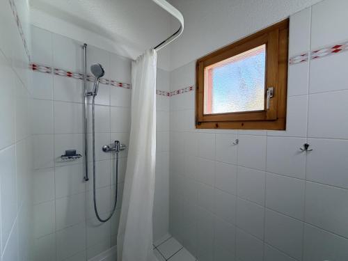 a bathroom with a shower and a window at Fontannets 001 COSY & MOUNTAIN chalet 10 pers in Veysonnaz