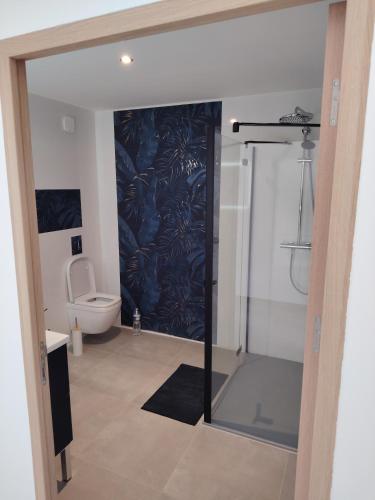 a bathroom with a toilet and a glass shower door at Le petit marais in Le Mans