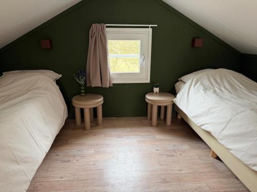 a bedroom with green walls and two beds and a window at De Ree Tiny House Tussen de Dijken in Driewegen