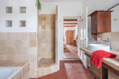 a bathroom with a tub and a shower and a sink at Montjoia in L'Isle-sur-la-Sorgue