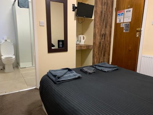 a bedroom with a bed and a toilet and a mirror at Boomerang Blackpool in Blackpool