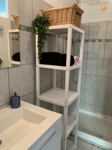 a white shelf in a bathroom with a sink at Les Toits d'Aniane in Aniane