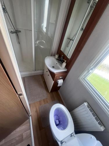 a small bathroom with a toilet and a sink at ellies caravan hire 8 berth in Kinmel Bay
