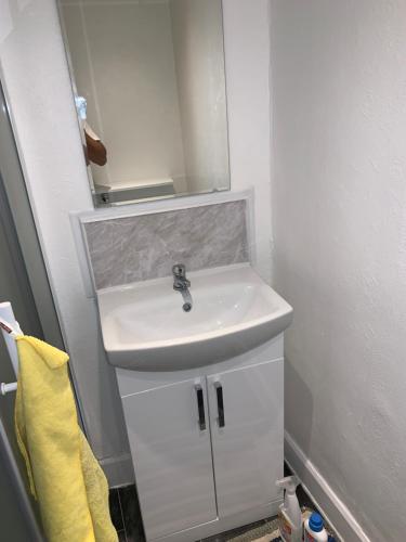 a bathroom with a white sink and a mirror at M Studio in Raynes Park