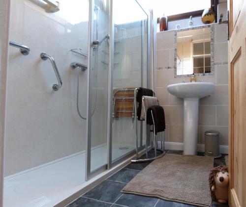 a bathroom with a shower and a sink at Drws y Nant in Dolgellau