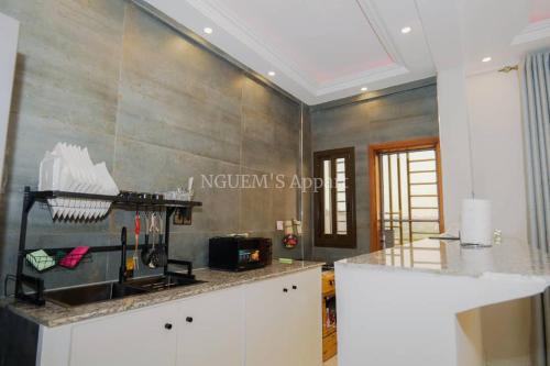 a kitchen with a counter top in a room at Nguem's Appart in Odza I