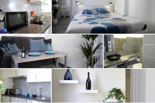 a collage of photos of a bedroom and a bathroom at Gîtes de l'isle Château-Thierry - WiFi Fibre - Netflix, Disney, Amazon - Séjours Pro in Château-Thierry