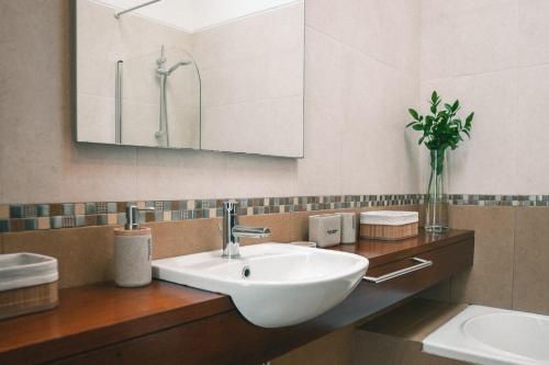 a bathroom with a white sink and a mirror at Rauls Place in Madalena