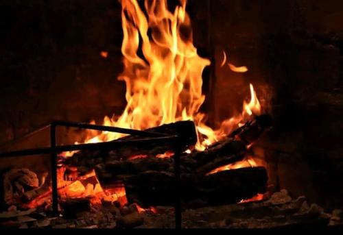 a fire in a fireplace with flames at Dolphin View 34 in Langstrand