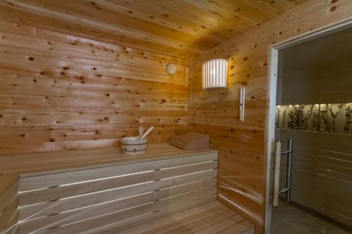 a wooden cabin with a sauna with a window at Schwarzmann's Ferienwohnungen in Schröcken