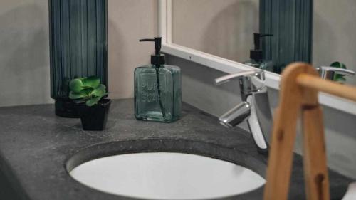 Ein Waschbecken im Badezimmer mit einer Seifenflasche auf der Ablage. in der Unterkunft Casas do Vale - T1 in Nordeste