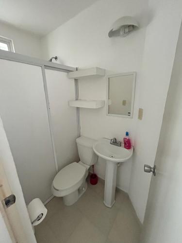 a small bathroom with a toilet and a sink at Arroyito Depto Pequeño in Tuxtla Gutiérrez