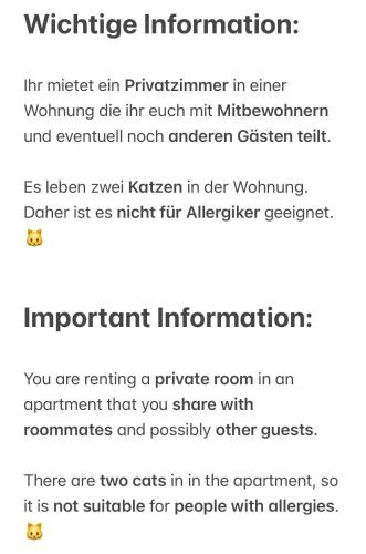 a screenshot of a page of a webpage with a screenshot of a text box at Sonniges Zimmer Sternschanze in Hamburg