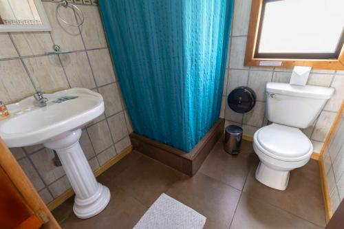 a bathroom with a white toilet and a sink at Cabañas Lago Tyndall in Torres del Paine