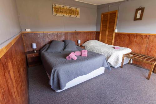 a bedroom with two beds with pink pillows on them at Cabañas Lago Tyndall in Torres del Paine