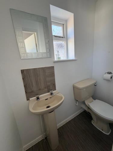a bathroom with a toilet and a sink and a mirror at Melrose Hotel in Blackpool