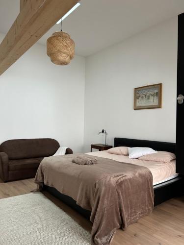 a bedroom with a large bed and a couch at Maison Colmar, spacieuse, accueillante , confortable au calme in Colmar
