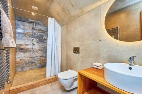 a bathroom with a sink and a shower and a toilet at Stadel Lipno in Černá v Pošumaví